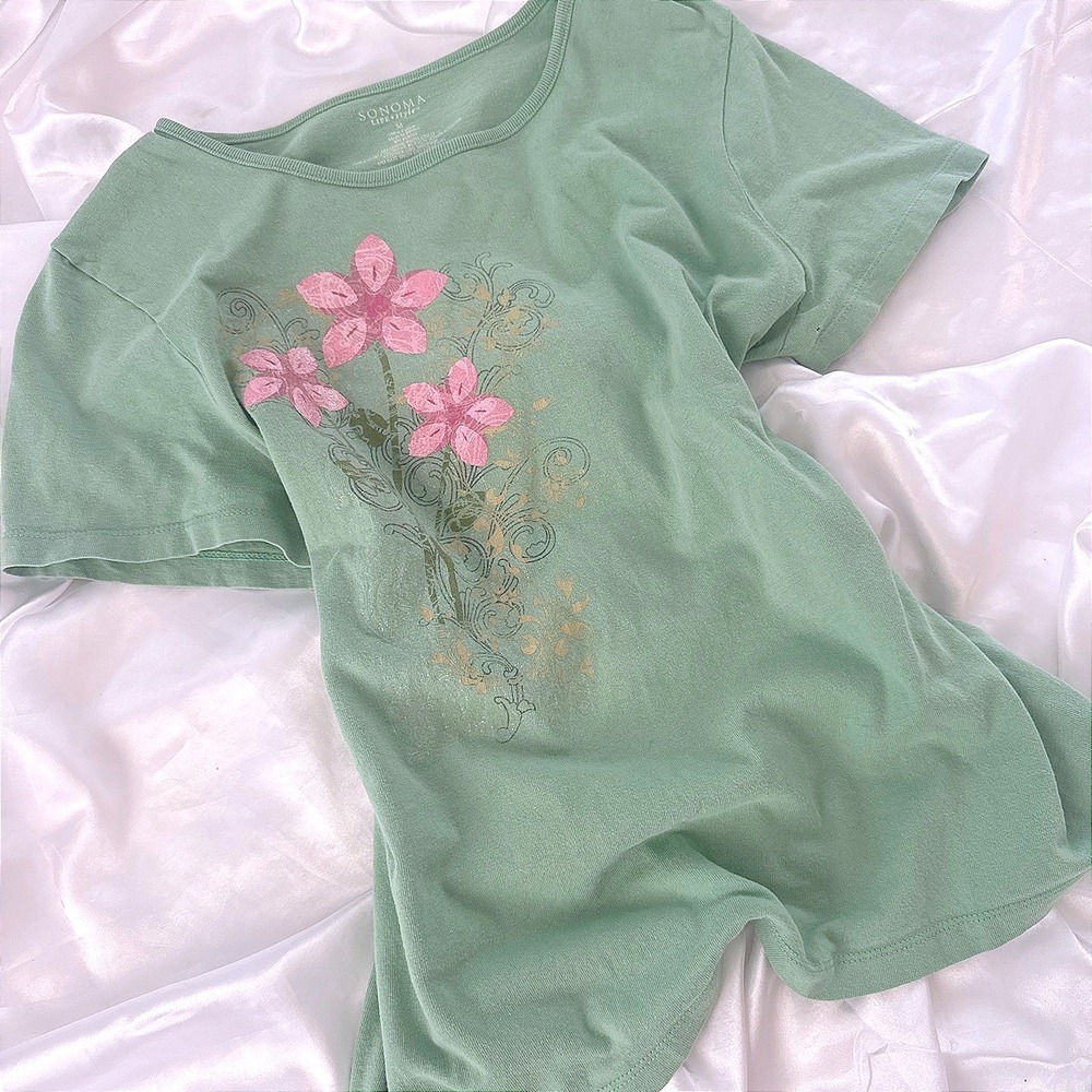 Sonoma Goods for Life Sage Green Floral Graphic Tee Short Sleeve Cotton Size M